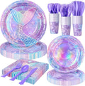 Purple Mermaid Party Tableware Supplies, 168PCS Mermaid Plates Napkins Cups and Purple Cutlery Set, 24 Set Mermaid Disposable Dinnerware Set for Birthday Party Decorations