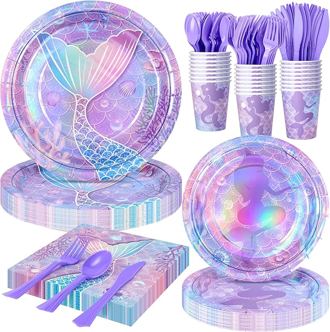 Purple Mermaid Party Tableware Supplies, 168PCS Mermaid Plates Napkins Cups and Purple Cutlery Set, 24 Set Mermaid Disposable Dinnerware Set for Birthday Party Decorations