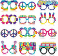 Pajean 36 Pcs 60s Party Decorations 60's Photo Booth Prop 60 Hippie Themed Eyeglasses Paper Glasses Frame Tie Dye Groovy Peace Love Themed Favor for 60's Hippie Birthday Party Favor Supplies