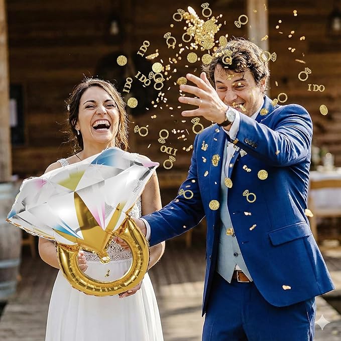 Engagement Party Decorations Set - 2 Giant Diamond Ring Balloons + Gold Confetti Table Scatter, Engagement & Wedding Party Supplies for Bridal Shower, Bachelorette, Anniversary Celebration