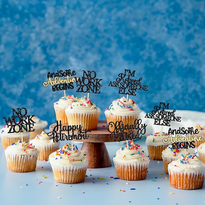 Gyufise 30Pcs Happy Retirement Cupcake Toppers Officially Retired No Work Zone Adventure Begins Cupcake Picks for Retirement Theme Farewell Birthday Party Cake Decorations Supplies Black