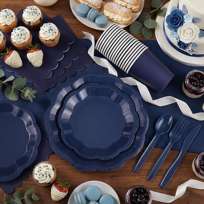 175 Pcs Navy Blue Plates and Napkins Set, 25 Guest Navy Blue Party Supplies Include Scalloped Plate Paper Napkin Cup Forks Knives Disposable Plastic Cutlery for Wedding Baby Shower Birthday Party