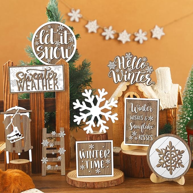 15 Pcs Winter Tiered Tray Decor Snowflake Tiered Tray Decorations Set Hello Winter Let It Snow Wooden Signs Farmhouse Christmas Decor for Home Table Shelf
