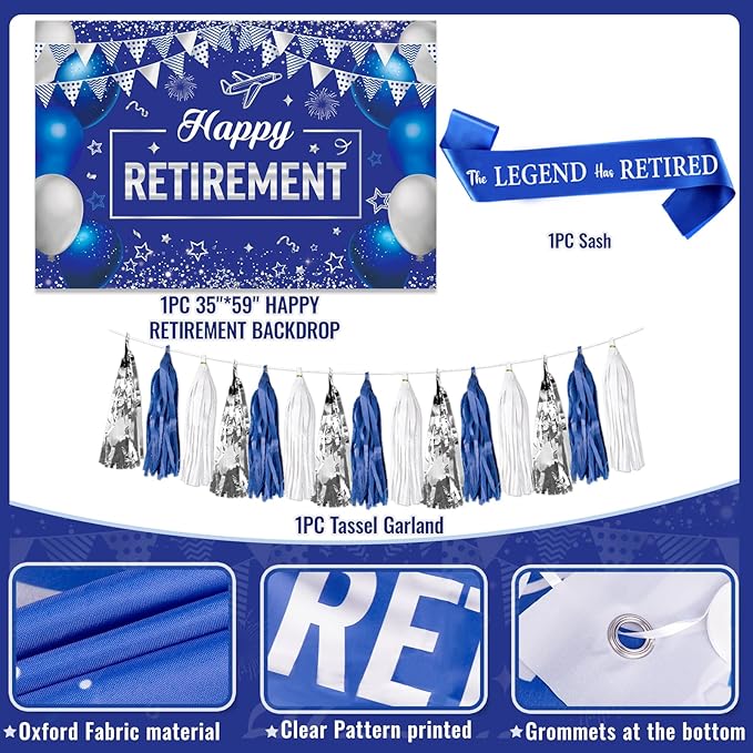 Retirement Party Decorations, Blue Silver Retirement Decorations for Men Women Including Tassel Garland Banner HAPPY RETIREMENT Banner Backdrop Sash Hanging Swirl Balloons Honeycomb Ball Cake Toppers