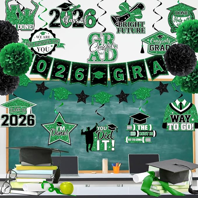 Green Graduation Decorations 2026, 2026 Grad Banner and Congrats Grad Hanging Swirls, Green and Black Graduation Banner Graduations Hanging Swirls College Graduations Party Decorations Class of 2026