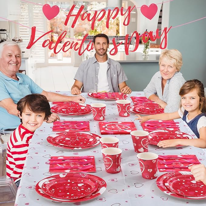 Jenaai 166 Pcs Happy Valentine's Day Party Supplies Valentine's Day Tableware Set Decorations Include Pink Love Banner Disposable Heart Plates Napkins Forks Cups Knives Spoons Balloons for Dinner
