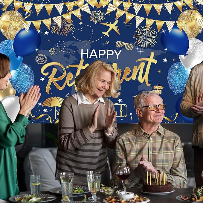 Mocsicka Retirement Party Decorations Blue and Gold Happy Retirement Backdrop Banner Retired Party Decorations Photo Booth Props (Blue Gold, 180x110cm)