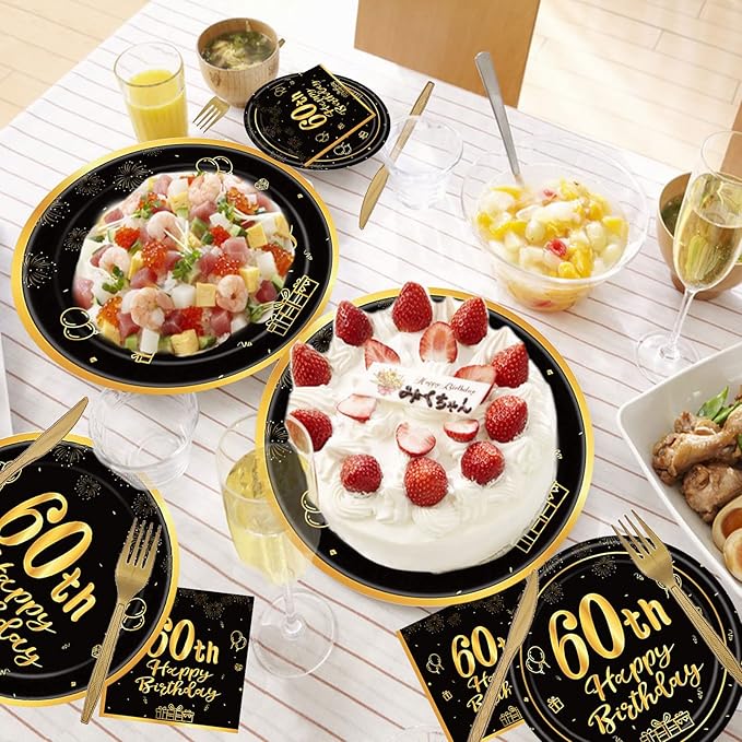 144PCS 60th Birthday Plates and Napkins Birthday Party Supplies 60th Birthday Party Decorations for Men Women Disposable Party Tableware Including Paper Plates Napkins Cups Forks Serve 24