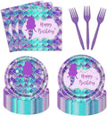 Vanulus 96 PCS Mermaid Birthday Party Supplies Set Mermaid Plates and Napkins Birthday Party Tableware Packs Decorations Little Mermaid Disposable Paper Plates Napkins Forks Serve 24 Guests