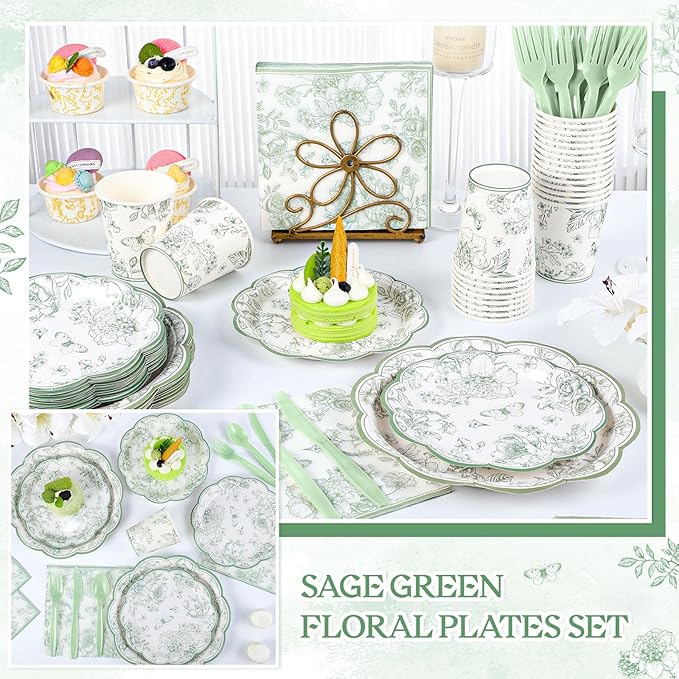 175 Pcs Sage Green Floral Plates and Napkins 25 Guest Scalloped Toile Chinoiserie Party Supplies Includes Floral Plates Napkins Cups Plastic Cutlery for Wedding, Bridal&Baby Shower, Tea Party