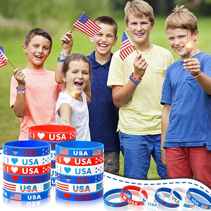 JUNEBRUSHS 42pcs 4th of July Party Favors Silicone Bracelets American Flag Red White and Blue Rubber Wristbands for Patriotic Independence Day Party Holiday Decorations Accessories Gift (6 Designs)