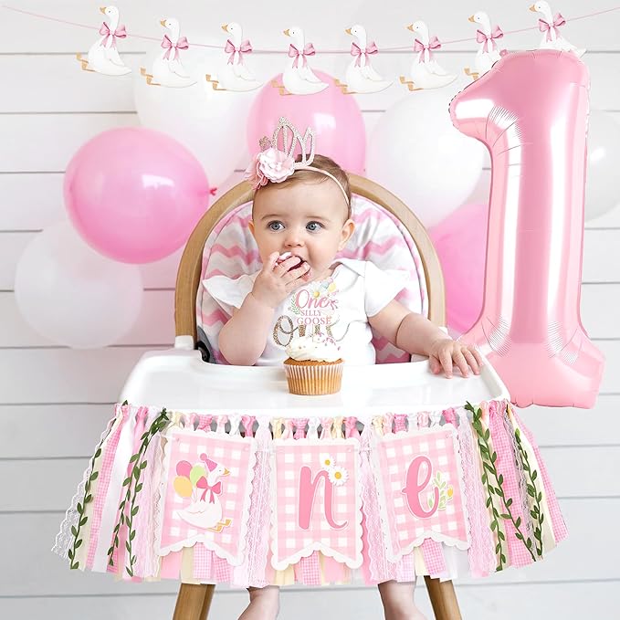 One Silly Goose High Chair Banner One High Chair Banner Girl Photo Backdrop First Birthday Decorations for Girl Wall Hanging Decorations for Kids Bedroom