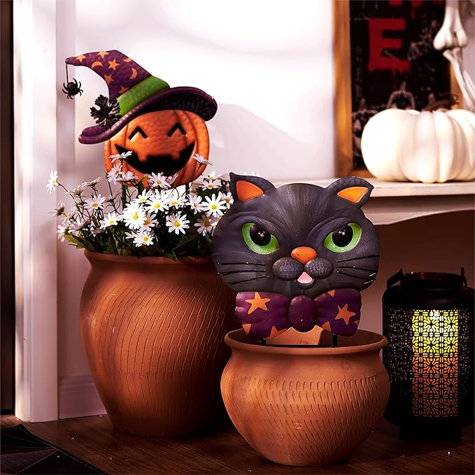 TERESA'S COLLECTIONS Pre-Lit Halloween Decorations Outdoor, Solar Garden Stake with 2 Stacks Cute Black Cat Pumpkin, Jack O Lantern Metal Yard Art Lawn Gift for Valentines Party Porch Patio Decor, 23"