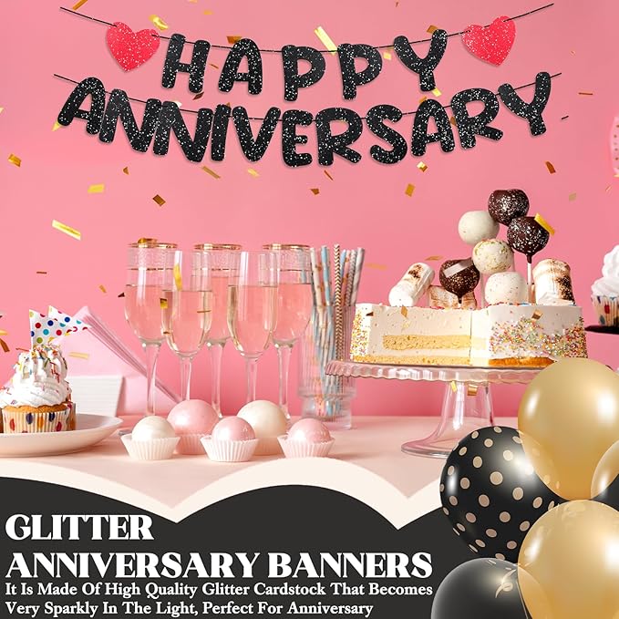 Happy Anniversary Decoration Glitter Anniversary Party Decorations Romantic Decorations Wedding Party Banner No DIY Pre-strung Happy Anniversaries Banner for Decoration Supplies Birthday Door(Black)