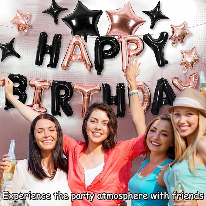 Happy Birthday Banner with 3D Mylar Foil Letter Balloons & 8pcs Star Balloons - Birthday Party Decorations for Kids, Boys, Men & Adults - Black & Rose Gold