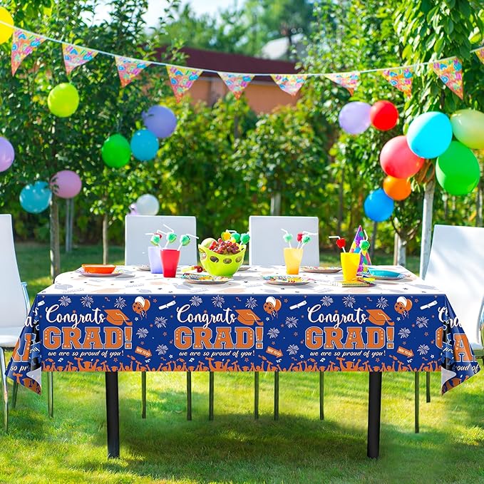 3Pack Graduation Tablecloth Party Decorations, Class of 2026 Congrats Grad Plastic Tablecover Party Supplies, Blue and Orange Rectangle Graduation Table Decor for College High School Party, 54x108Inch
