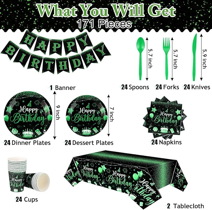 Vesici 171 Pcs Happy Birthday Party Supplies 24 Set Disposable Party Tableware include Plates Cups Napkins Cutlery and Banner Tablecloth Birthday Dinner Decorations for Men Woman(Black, Green)