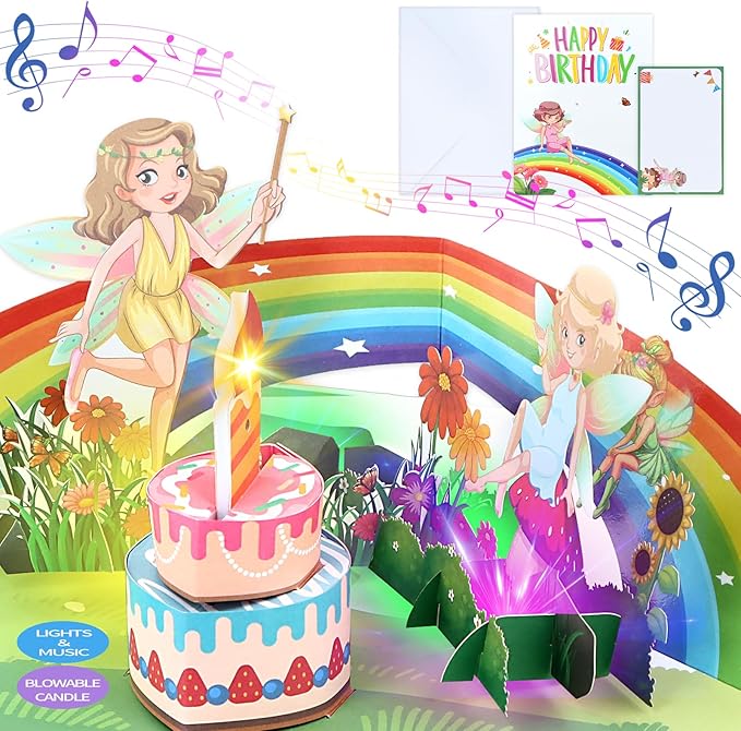 FaCraft Fairy Birthday Card - Musical Pop Up Birthday Card for Girls & Kids - 1st Birthday Card Girl with Blowable Candle & Cheering Sound - 8x6 Handmade Greeting Card with Envelope Blank Insert Seal