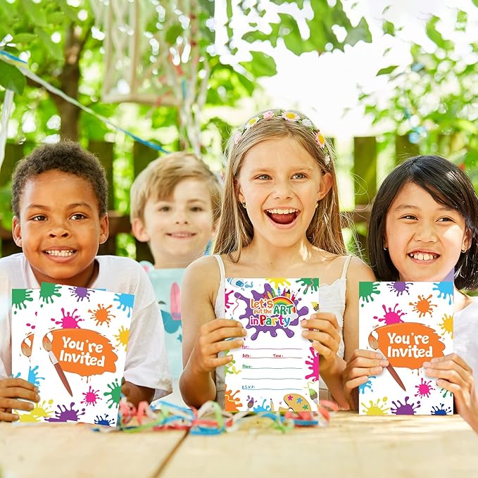 Pajean 24 Set Art Painting Party Invitations with Envelopes Colorful Birthday Cards Paint Themed Invitation Letters Paint Fill in Invites with 30 Stickers for Art Party Supplies