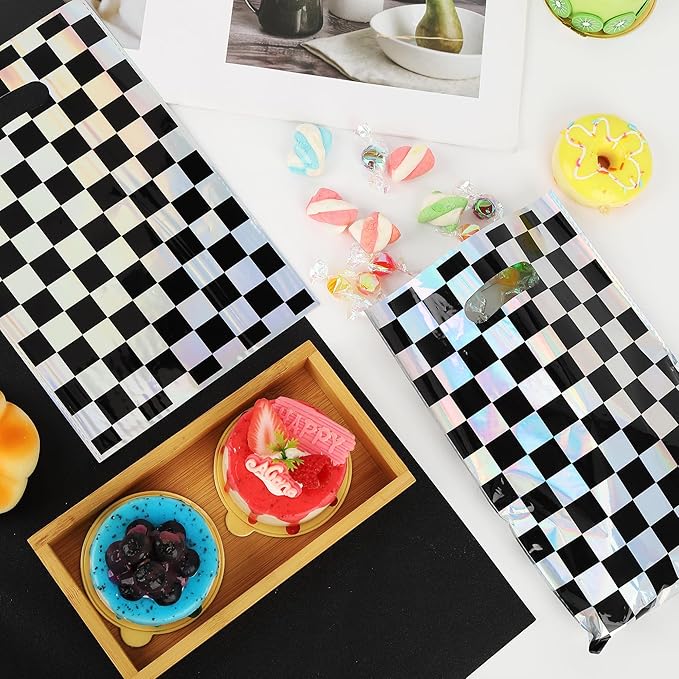 Mikzhskr 30Pcs Race Car Party Favors Bag Black and White Iridescent Laser Checkered Candy Bags Soccer Theme Goodie Bags with Handles for Kids Race Car Birthday Party Supplies