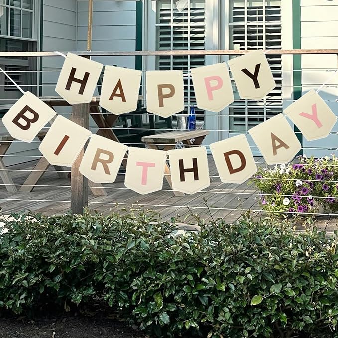 Felt Happy Birthday Banner, Pre-strung Boho Colorful Happy Birthday Party Sign Garland, Neutral Beige Bohemian Birthday Nursery Decorations