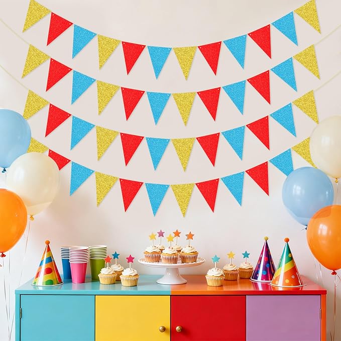 48 Pcs Colorful Triangle Banner Flag Pennant Banner Flags Glitter Garland Wall Door Hanging Banners for Birthday Graduation Classroom School Party Backdrop Decorations Gold, Red, Blue