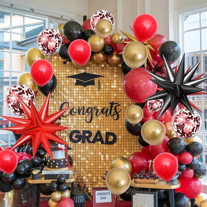 Red Black Gold Balloon Arch Kit with Explosion Star Foil Balloons Black Gold Balloons Red Confetti Graduation Balloon Garland for 2025 Graduation Decoration Birthday Baby Shower Party