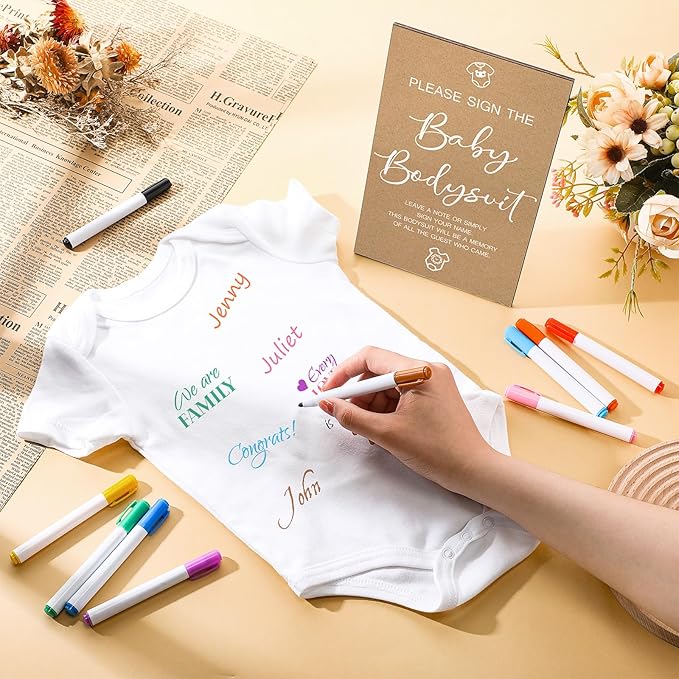 Qunclay 12 Pcs Baby Shower Game Decor with White Unisex Bodysuit Wooden Sign Tabletop Decor and Marker for Guests(Kraft)