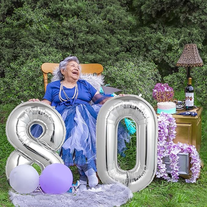 Number Balloons Silver Party Balloon - Giant Number 80 Balloon, 40 Inch Large Balloon for 80th Birthday Decorations, Silver Party Supplies for Anniversary