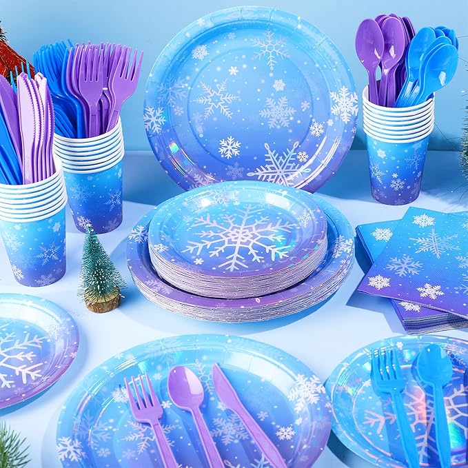 Kochorie 175 Pieces Frozen Iridescent Winter Snowflake birthday Party Supplies Frozen Disposable Party Tableware Set Paper Plates Napkins Cups for Christmas Winter Wonderland Decorations, Serve 25