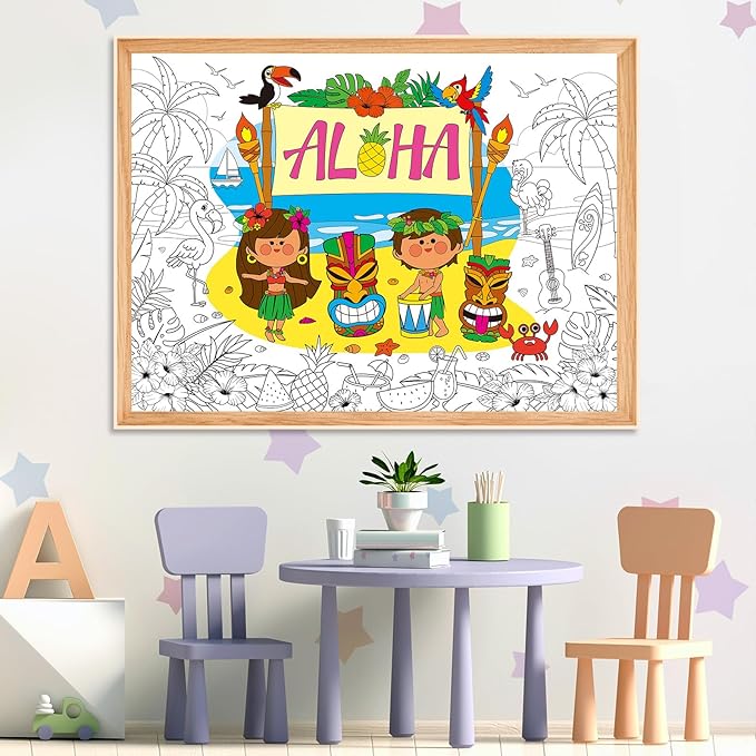ZOIIWA Hawaiian Luau Coloring Poster for Giant Coloring Poster Large Aloha Tropical Coloring Tablecloth Jumbo Coloring Books for Home Birthday Party Supplies Favor 31.4 x 43.3 Inch