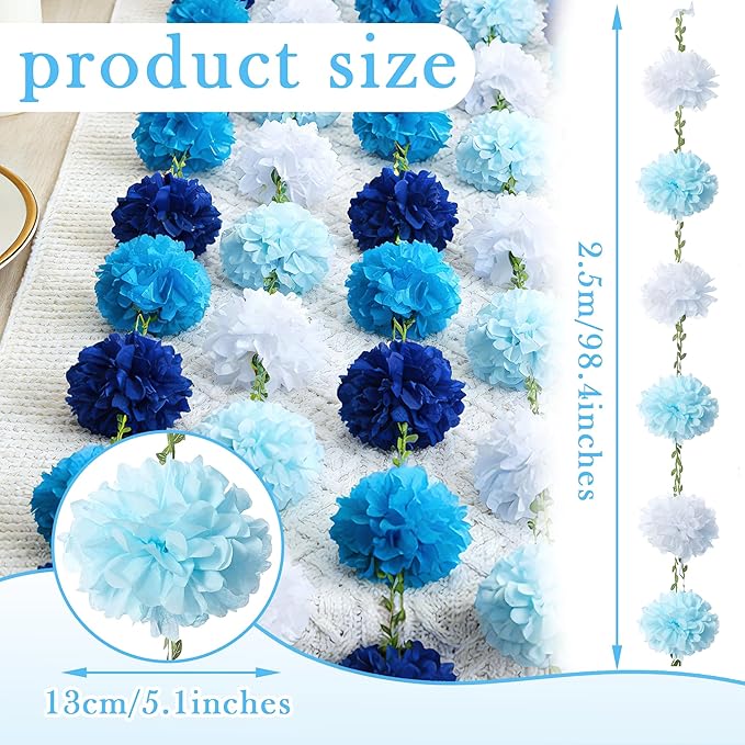Sahoottie 2 Pc White and Blue Hanging Paper Flower Garland, 8.2 FT Ombre Tissue Paper Flower Garland, Blue Pom Pom Garland for Beach Wedding Backdrop Ocean Themed Party Bridal Shower