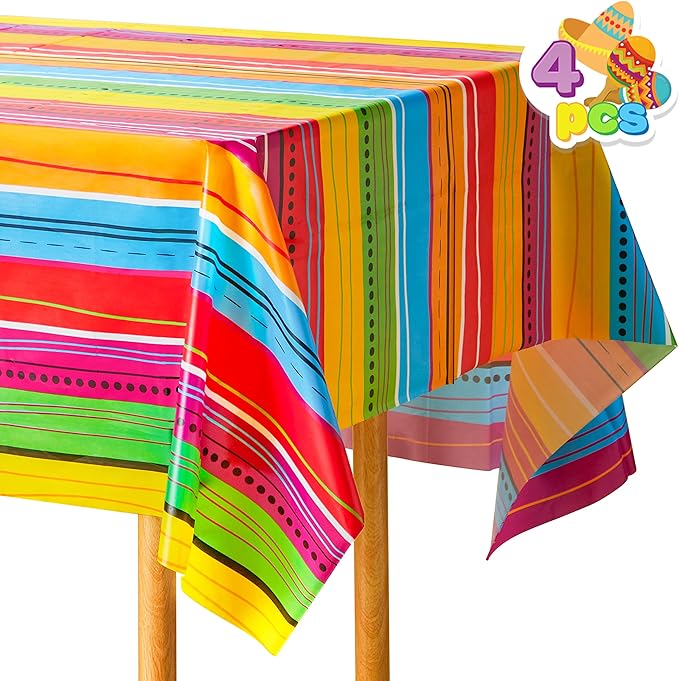 JOYIN 4 pcs Cinco De Mayo Printed Plastic Tablecover for Fiesta Decor, Muti-Colored (54 x 108 INCHES) Tablecloth for Fiesta Decorations, Taco Night, Birthday, and Mexican Themed Party