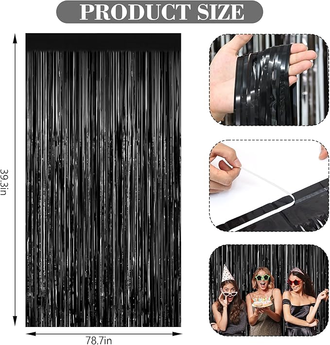 2 Pack Black Foil Fringe Curtains, 3.3ft x 6.6ft Streamer Foil Curtain, Tinsel Backdrop for Birthday Party, Christmas Decor, Wedding Engagement Baby Shower Bachelorette Party Decorations