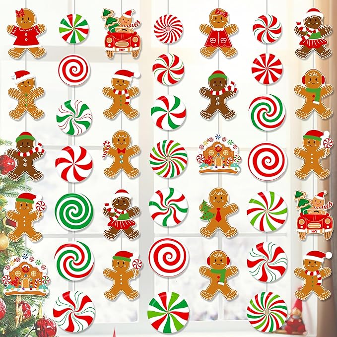 Gingerbread Man Hanging Garlands 8PCS Christmas Party Supplies Christmas Candy Cane Peppermint Hanging Paper Garlands Gingerbread House Banner for Boys Girls Xmas Santa Claus Holiday Decor