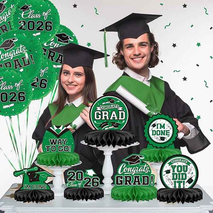 Gatherfun 9PCS Graduation Party Decorations Class of 2026 Congrats Grad Table Centerpiece Congratulate Graduation Honeycomb Table Toppers for Graduation Party Supplies(Green,Black