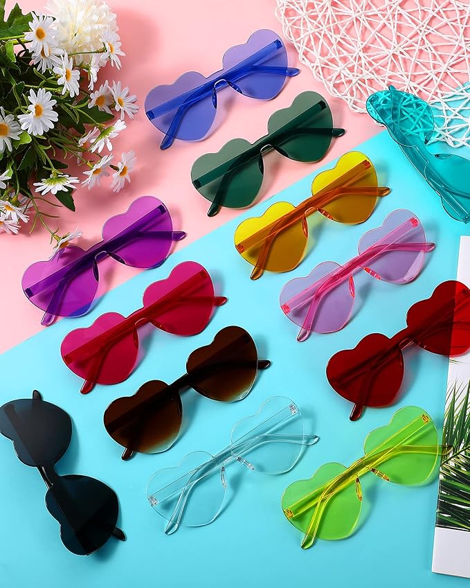 Photect 12 Pair Heart Shaped Sunglasses Neon Color Transparent Heart Glasses for Women Party Favor