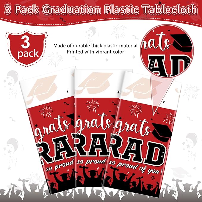 3 Pack Graduation Tablecloth Party Decorations, Class of 2026 Congrats Grad Plastic Tablecover Party Supplies, Red Rectangle Graduation Table Decorations for College High School Party, 54 x 108 Inch