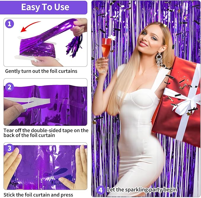 Purple Backdrop Party Decorations 3.3x8.2ft, 2 Pack Foil Fringe Curtains Door Streamers for Easter Decor, Purple Tinsel Backdrop for Demon Hunters Birthday Graduation Baby Shower Halloween Christmas