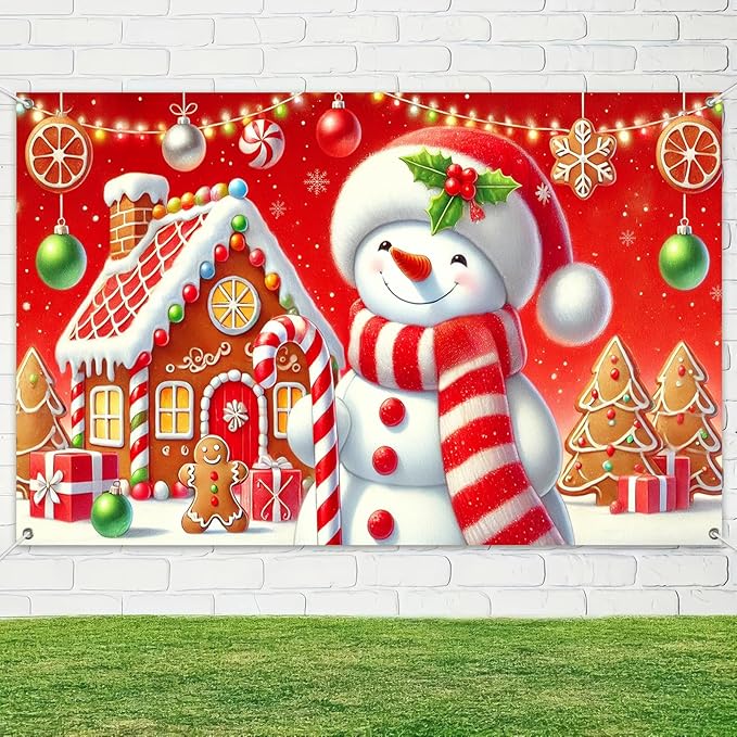 Christmas Snowman Gingerbread House Banner 70.9 x 43.3 Inch Red Holiday Backdrop with Candy Canes and Presents for Kids Xmas Party Decoration Indoor Outdoor