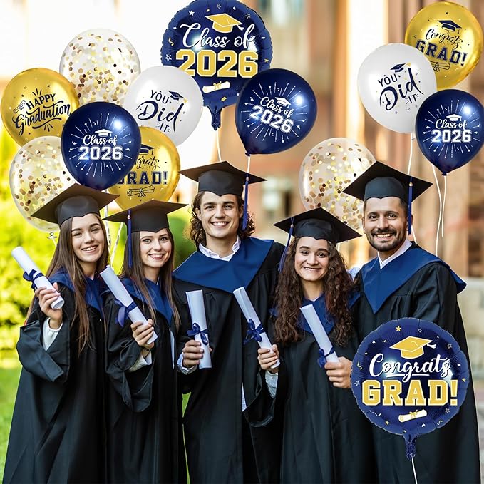 Navy Blue and Gold Graduation Balloons Graduation Decorations 2026, 51Pcs Grad Latex Balloons and Grad Foil Balloon with Confetti Ribbons Grad Party Decorations for College High School