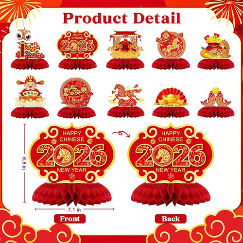 10 Pcs Chinese New Year Honeycomb Centerpieces Decoration 2026 Year of The Horse Ornaments Signs Red and Gold Table Toppers Table Centerpieces Lunar New Year Party Supplies