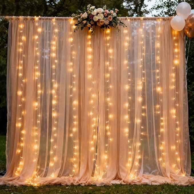 Champagne Tulle Backdrop Curtain with Lights, Elegant Sheer Photo Backdrop Drapes, Soft Fabric Curtain for Weddings Brithday Baby Shower Parties Photography Background Decor, 10ftx8ft