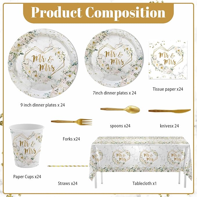 MEHOFOND 193 pcs White Wedding Party Decorations, Mr and Mrs Paper Plates Cup and Nakpins Set, Floral Wedding Disposable Dinnerware with Tablecloth, Bridal Shower Disposable Party Supplies, 24 Guests