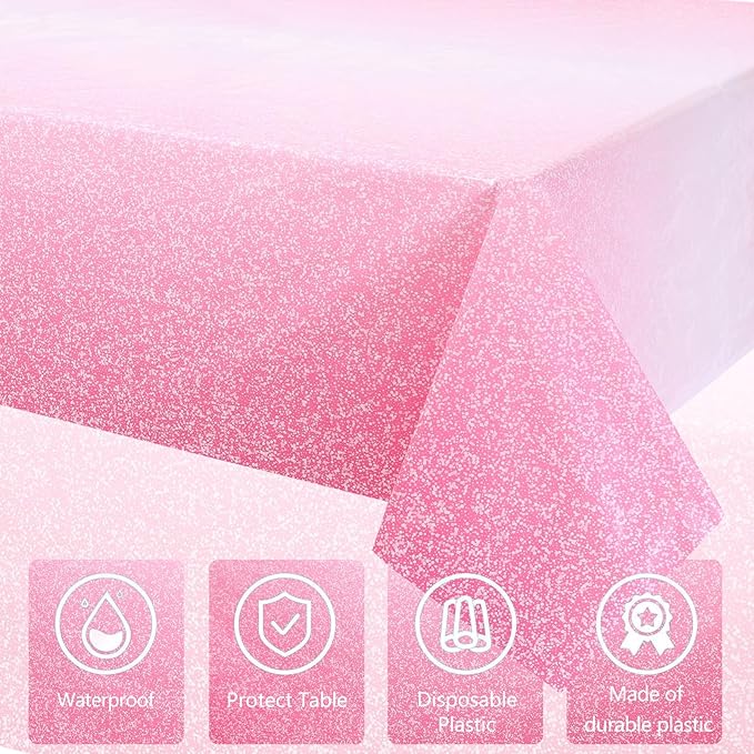 Kesfey 6 Packs Ombre Pink Tablecloth 54 x 108 Inch Gradient Pastel Pink Table Cloths Rectangle Disposable Plastic Light Pink Sprinkle Glitter Table Covers for Birthday Baby Shower Party Decorations