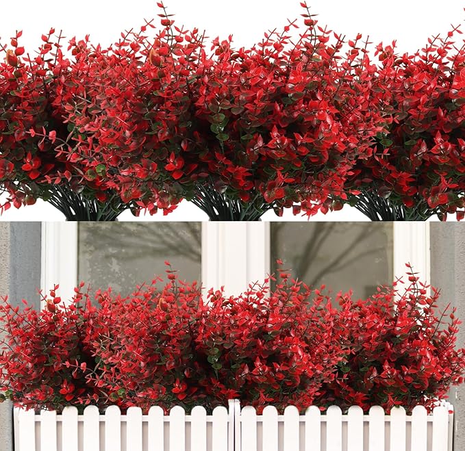 RECUTMS Fake Outdoor Flowers Artificial Spring Plants No Fade Faux Plants Plastic Greenery Fake Eucalyptus Faux boxwoods for Outdoor Planters Kitchen Office Wedding Home Garden Decoration(Red)