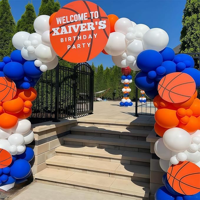 Blue and Orange Balloons Arch Kit, 121PCS Dark Blue and Orange White Balloons with Spikes Explosion Star Foil Balloon for Birthday Graduation Baby Shower Sport Basketball Party Decorations Supplies