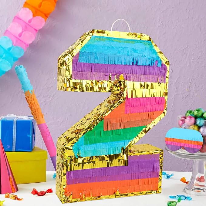 Rainbow Number 2 Pinata Birthday Decorations for Kids, Rainbow Pinata with Bat Stick Blindfold for Boys Girls 2th Birthday Celebrations Baby Shower Party Supplies (16.1x10.6x2.9 Inches)