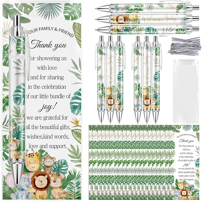 50 Sets Pen Baby Shower Favors Gifts for Guests Includes 50 Rolling Paper Ballpoint Pens and 50 Greeting Thank You Bookmarks Baby Shower Party Favors (Safari)
