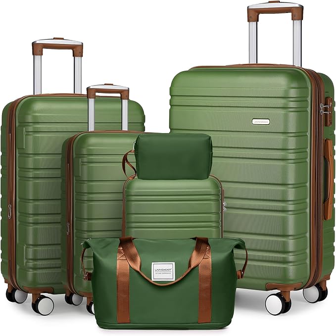 LARVENDER Luggage Sets 6 Piece, Expandable Hardside Carry on Suitcase Set with Spinner Wheels, Lightweight Rolling Luggage Sets for Women with TSA Lock, Green Brown